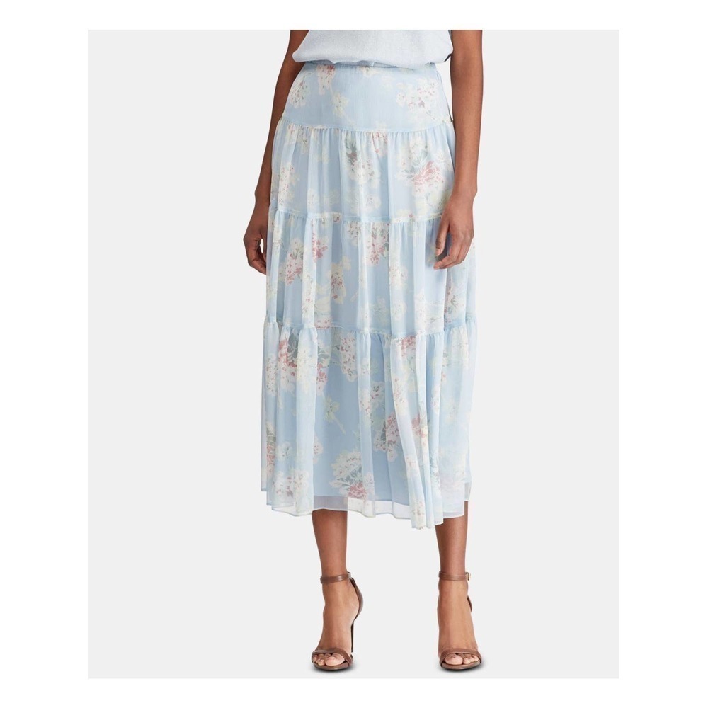 Lauren Ralph Lauren Size 12 Womens Light Blue Floral Tea-Length Skirt EUC - Picture 2 of 12